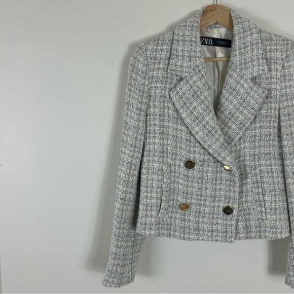 ZARA WOMEN NEW CROPPED TEXTURED BLAZER WEAVE TWEED - Picture 7 of 10